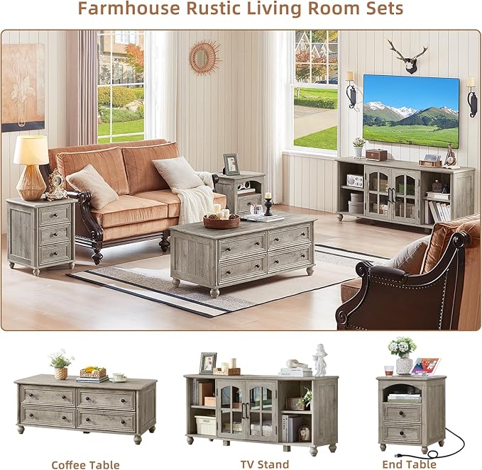 Farmhouse TV Stand for 60 Inch TV Wood Entertainment Center with Glass Door Storage Cabinet &amp Adjustable ShelvesTelevision Stands for 65 TVS Grey TV Console Table for Living RoomBedroom