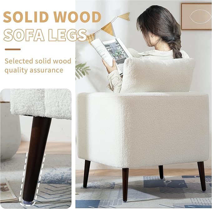 Barrel Accent Chair Set of 2 with Back Pillow Large Teddy Upholstered Armchair with Solid Wood Legs Modern Reading Chairs for Living Room Bedroom