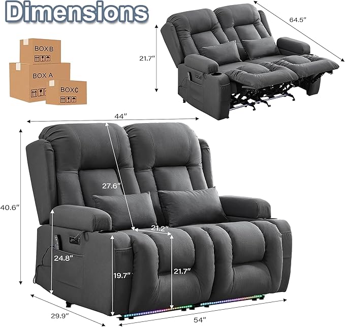 TUNYI Wall Hugger Loveseat Recliner Sofa with Massage &amp Heat Power Reclining Loveseat RV Couch with USB/Outlet/Storage/LED Light/Speaker (Grey)