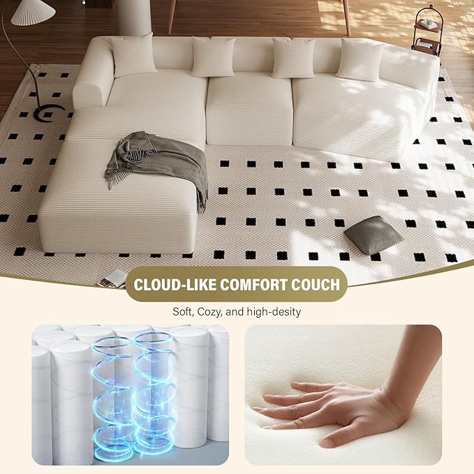 158” Oversized Modular Cloud Couch Boneless 5-Seat Sectional Sofa with Chaise &amp Movable Ottoman Plush Corduroy Deep Seat No Assembly Required(Beige White)