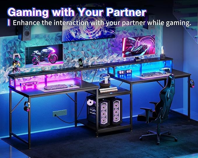 Casaottima 98 Inch 2 Person Gaming Desk with Storage Shelves Long Double Home Office Computer Writing Desks with USB Charging Port &amp LED Lights Monitor Stand Modern Study/Work TableBlack