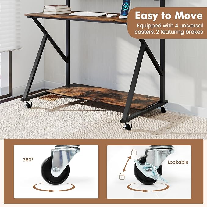 Giantex Rolling Computer Desk with Charging Station Mobile Portable Laptop Desk with Monitor Stand &amp Storage Shelf Small Desk with Lockable Wheels for Small Spaces Home Office (Rustic Brown)