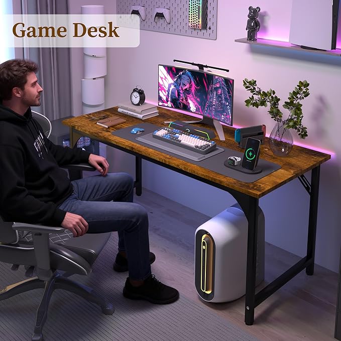 AZN Computer Desk 47in Computer Desk Office Desk w/Metal Frame Office Desk w/Water-Resistant Scratchproof Surface Home Office Desks w/Large Legroom for Work Study Writing Gaming Rustic Brown