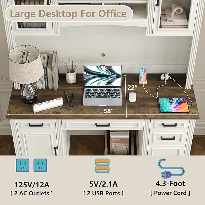 Furniouse Farmhouse 76 Height Executive Desk with Hutch Office Desk with Charging Station Drawers and Storage Cabinet Workstation for Office Home Brown Tabletop Off White