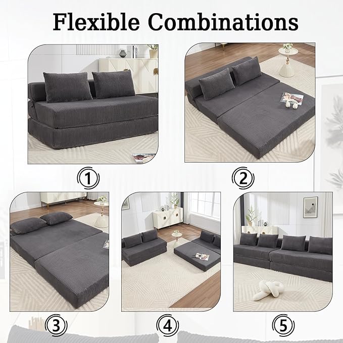 55 Convertible Folding Sofa Bed with 2 Pillows Corduroy Foldable Sleeper Sofa for Adult Floor Couch Bed for Living Room Bedroom No Assembly (Grey)