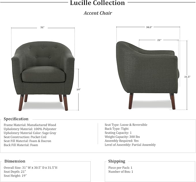 Homelegance Lucille Modern Accent Chair Upholstered Reading Chair with Button-Tufted Back Sloped Arms Removable Seat Cushion Cover and Espresso Wood Legs for Living Room Bedroom or Office Gray