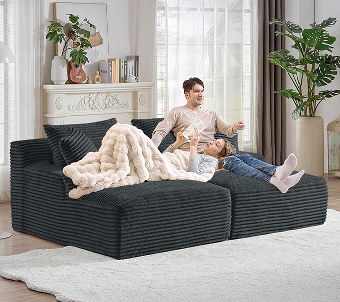 Oversized Chaise Lounge Chair Indoor Modern 78-inch Upholstered Corduroy Love Seat Sofa Bed with 4 Throw Pillows and Armrests Double Modular Sleeper Sofa Couch for Living Room Bedroom Dark Grey