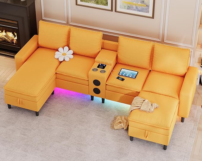 120 Sectional Couches for Living Room 6 Seater Sectional Sofas with Bluetooth Speaker &amp LED Light Modern Teddy Fleece U Shaped Sofa Couch with Storage/Charging Ports/Cup Holder (Yellow Couch)
