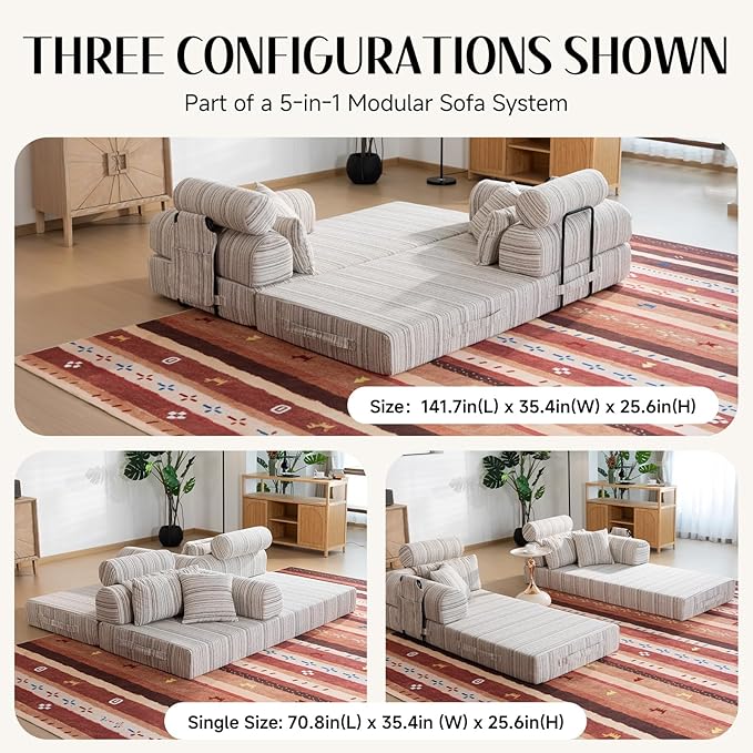 79 Corduroy Sofa Bed Sleeper Couch 6-in-1 Convertible Boneless Floor Futon Loveseat High-Density Foam Couch in a Box with 2 Headrest Pillows No Assembly Grey and White