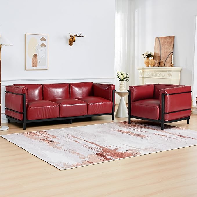 QHITTY 3 Seater Sofa Mid-Century Modern Upholstered Couch Chair Faux Leather Sofa Couch with Iron Frame and Upholstered Armrest Backrest Cushion for Living Room Office Apartment (Burgundy)
