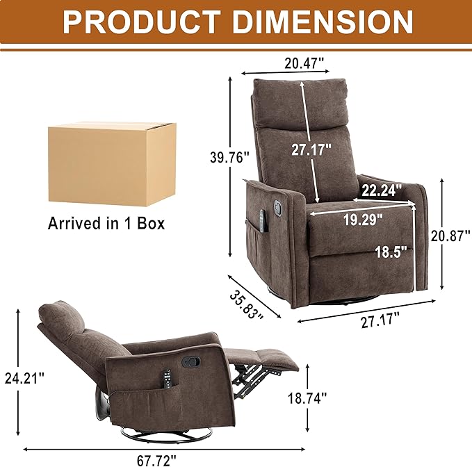 Manual 360° Swivel Rocker Recliner Chair for Adults Overstuffed Glider Chair for Nursery with Vibration Massage &amp Heat Comfy Soft Fabric Recliner Chair with Side Pockets for Living Room Brown