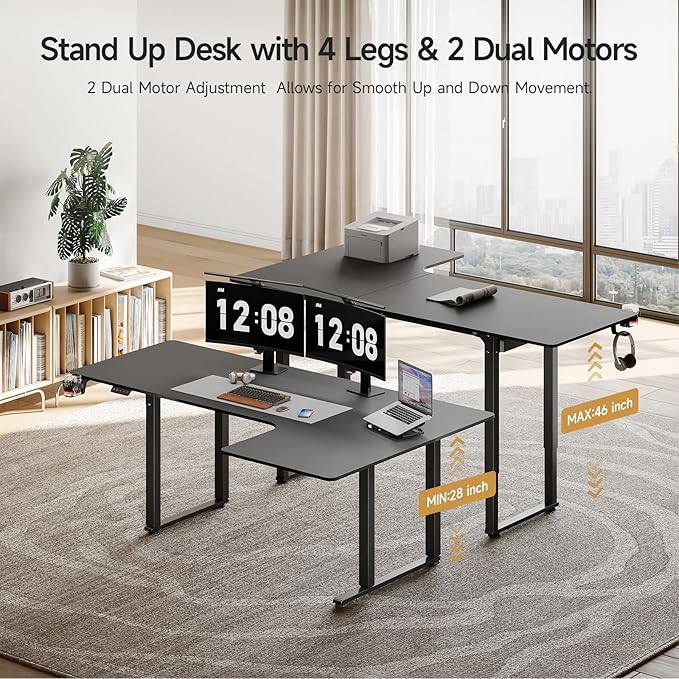 ONBRILL L Shaped Standing Desk 63x43 Inches Electric L Stand Up Desk with 4 Legs Dual Motor and Memory Controller Adjustable Height from 28-46 Inches for Home and Computer Workstation Black