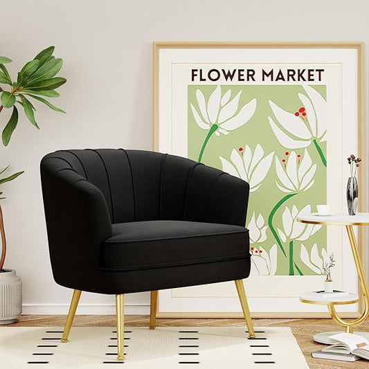 Velvet Accent Chair for Living Room Bedroom Office - Upholstered Single Sofa Arm Chair With Metal Legs - Comfy Reading Leisure Club Coffee Chair - Black