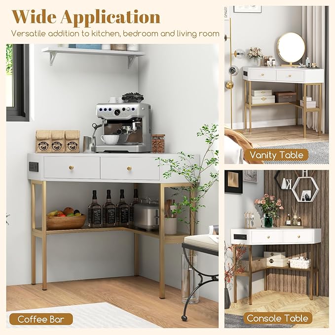 Tangkula Corner Desk with 2 Drawers &amp Built-in Charging Station 90 Degrees Triangle Corner Computer Desk for Small Space Bedroom Makeup Vanity Desk with Storage Shelves Corner Desk (Gold &amp
