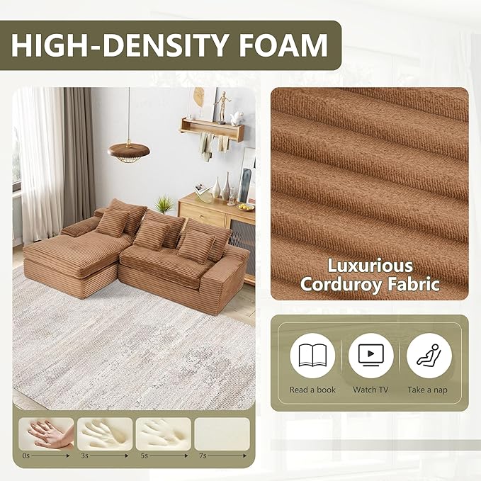 98.8 Cloud L Shaped Sectional Couch with Deep Seat Modern Boneless Compressed Sofa with Chaise 4 Seat Corduroy Couches for Living Room Bedroom No Assembly Required (Brown)