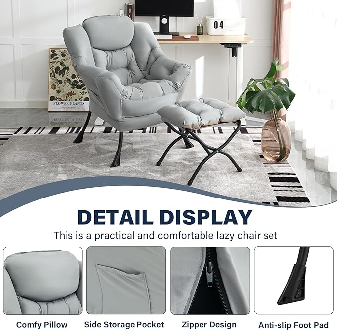 Lazy Chair with Ottoman Modern Accent Chair Contemporary Leisure Sofa Chair with Armrests Reading Chair and Folding Footstool Set for Living Room Bedroom Office White Grey