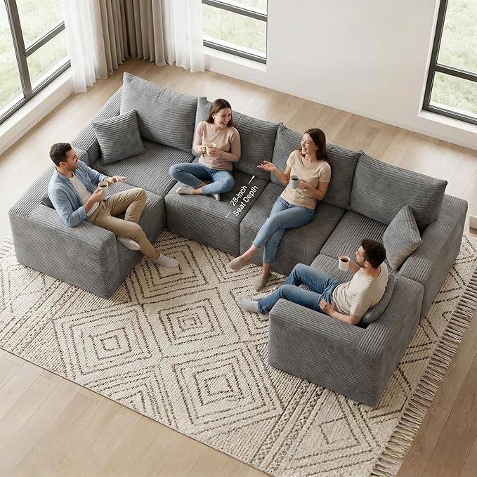 Homall Sectional Couches for Living Room Modern Boneless Couch with Deep Seat Upholstered Cloud Sofa No Assembly Required (Grey Oversized Sofa)
