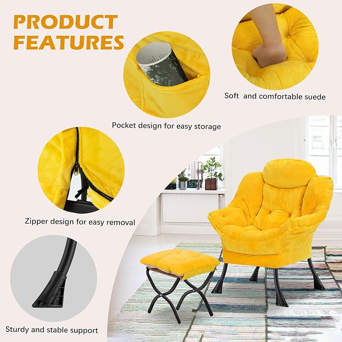 Lazy Chair with Folding OttomanLeisure Sofa ChairSoft Fabric Armchair with Armrests and Side Pockets Reading Chair with Footrest for Living Room Bedroom Office (Plush Yellow)