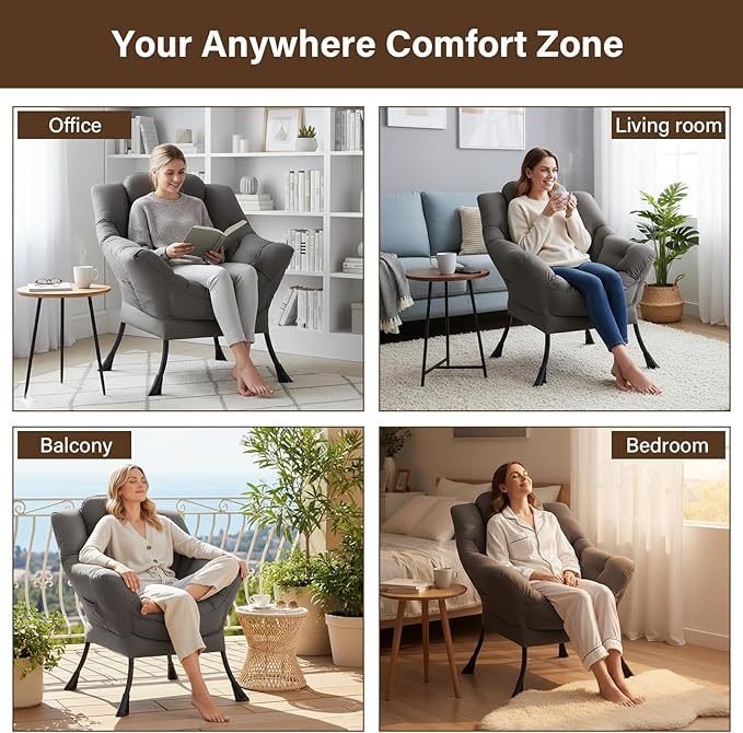 Welnow Lazy Chair for Living Room Modern Reading Accent Chair with Armrests and a Side Pocket Leisure Upholstered Lazy Sofa for Small Space Bedroom Dorm Dark Grey
