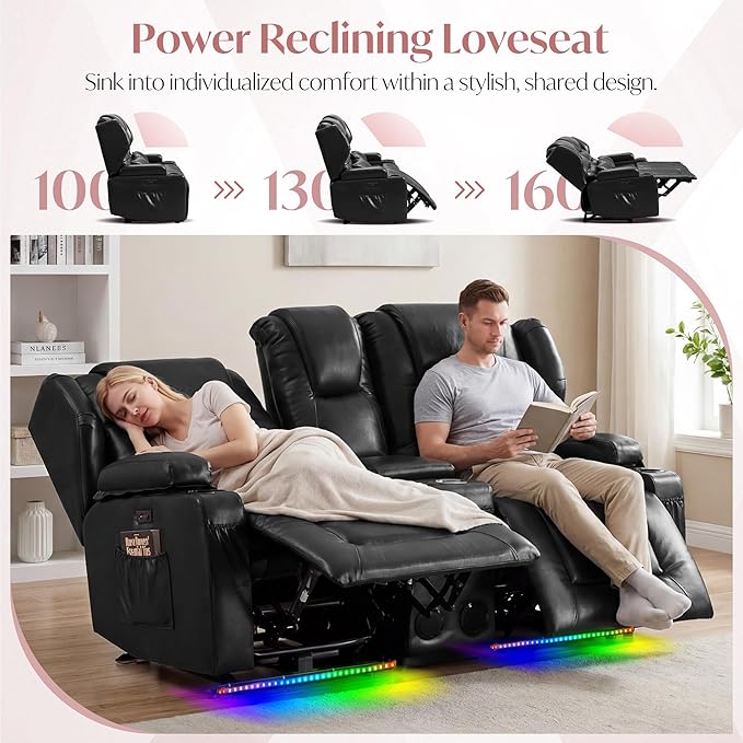 Power Loveseat Recliner Sofa with ConsoleReclining Loveseat RV Recliners with Speaker/USB Ports/LED LightsPower Recliner Loveseat Sofa with Cup Holders for Living RoomBlack