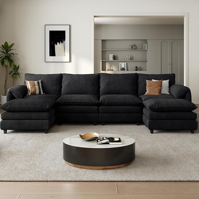 YITAHOME 142 Modular Sectional Sofa with Movable Ottoman Modern U Shaped Couch with Pillow-Armrest Velvet 6 Deep Seat Cloud Couch for Living Room Apartment Office Black
