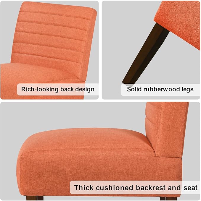 Slipper Accent Chair Modern Armless Lounge Chair with Wood Legs Upholstered Makeup Vanity Tufted Side Chair Fabric Comfy with Decor Back for Living Room Bedroom Patio (Horizontal Back Orange)