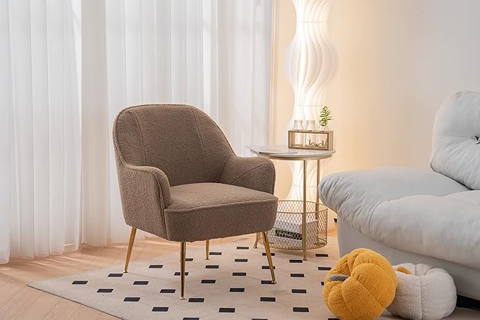 Modern Soft Teddy Fabric Brown Ergonomics Accent Chair Living Room Chair Bedroom Chair Home Chair with Gold Legs and Adjustable Legs for Indoor Home
