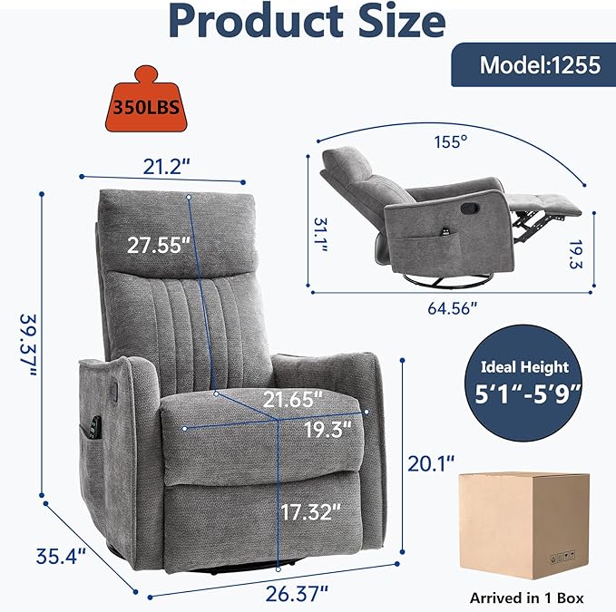 Massage Recliner Chair with Heat Slim Recliners for for Adults Swivel Rocking Chair Recliner with High Back Small Recliner Chair for Small Spaces Living Room Adjustable Footrest (Cinerous)