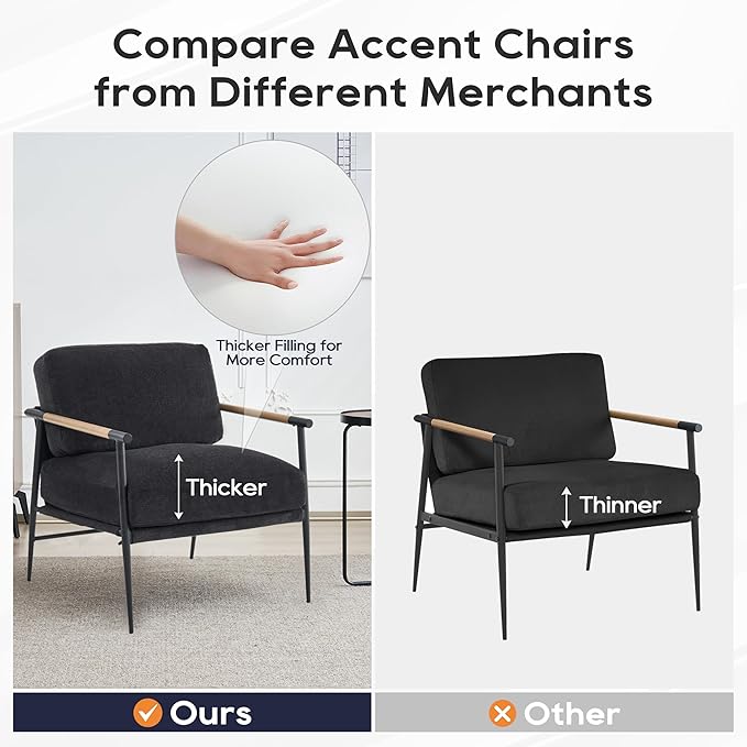 Accent Chair Set of 2Mid Century Modern Armchair for Living RoomBedroomOfficeLounge Comfy Chenille Upholstered Soft Removable Washable Cushions and PillowsMetal Wood-Grain Armrest Legs2PCSBlack