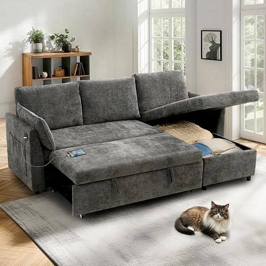 FLEXISPOT XB5 78 Pull Out Couch Bed with Storage Chaise3-Seater Sectional Sofa Bed with USB Charging Ports 2-in-1 Convertible Sofa Couch for Living Room Apartment Easy to Assemble(Gray)