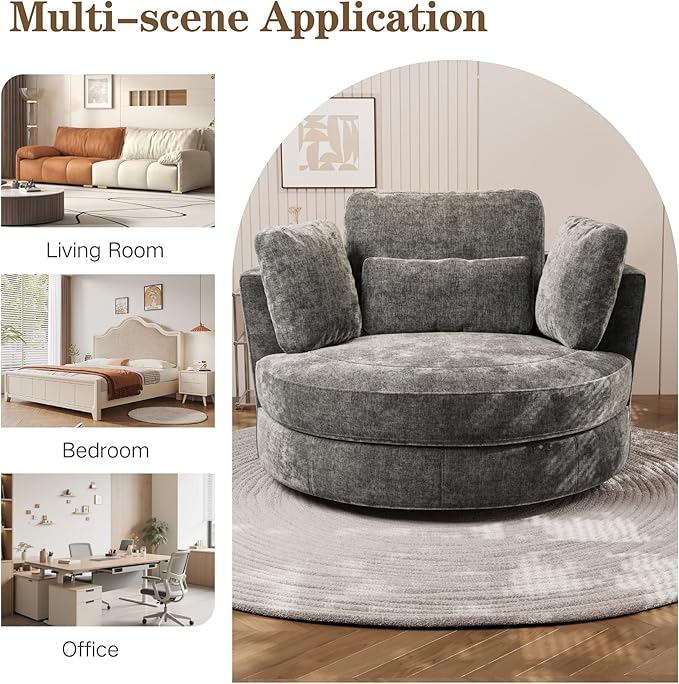 Chifee &amp Vingol 50.2 Oversized Swivel Accent Chair Upholstered Round Barrel Chair with Pillows Swivel Chairs for Living Room BedroomChenilleGray