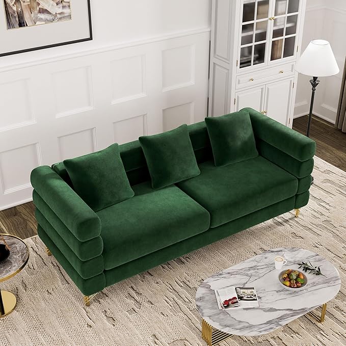 OUYESSIR Cloud Sofa Couch for Living Room 79 Comfy Deep Seat Velvet Sofa with 3 Pillows and Gold Legs Modern Upholstered 3 Seater Large Loveseat for Bedroom Office Emerald Green Velvet