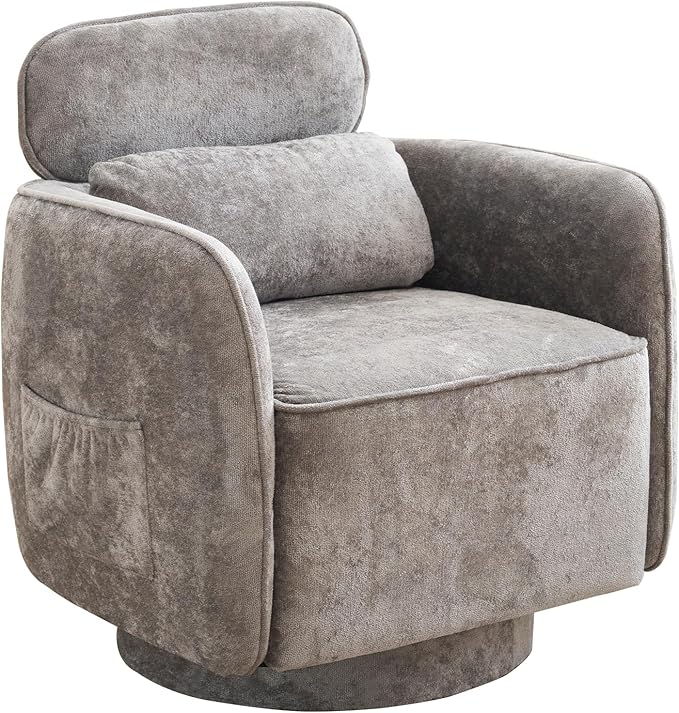 Large Swivel Accent Chair Chenille Round Barrel Chair Upholstered Armchair for Living Room Bedroom Modern Round Armchair Single Sofa with Adjustable Headrest Grey