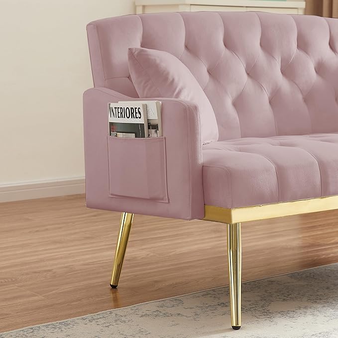 55-Inch Modern Velvet Loveseat Sofa with Gold Metal Legs &amp Side Pockets Tufted Backrest Perfect for Living Room Bedroom or Office (Pink)