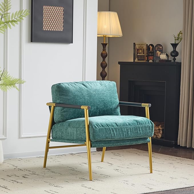 Merax Modern Accent Chair with Plush Cushions and Wooden Armrest Design Living Room Accent Chair with Metal Frame for Living Room Bedroom or Office Seating Easy Assembly Teal Blue+Gold