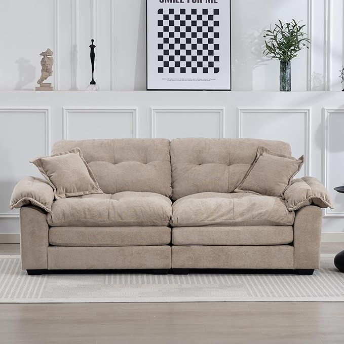 Modern 84 Chenille Loveseat Sofa Ultra-Comfy Upholstered Couch with 2 Pillows for Apartment Living Room Bedroom or Home Office (Oatmeal)