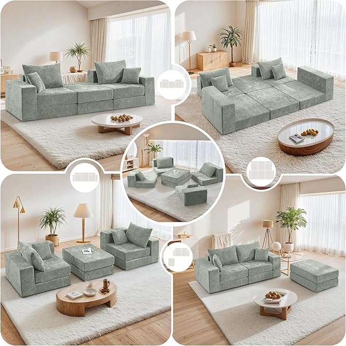 Boneless Sectional Loveseat Couch with Ottoman Convertible Modular Floor Sleeper Sofa Bed Comfy Foldable Compression Love Seat Sofa for Living Room No Assembly Green