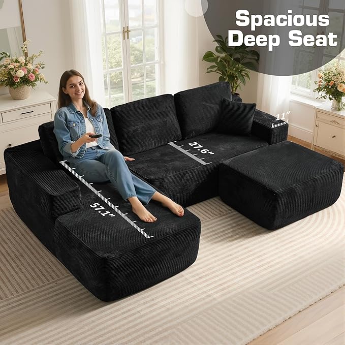 106 Cloud Sectional Couch with L-Shape Chaise &amp Ottoman No Assembly Modular Sofa Deep Seat Corduroy Boneless Couched for Living Room (Black Stripe Corduroy L Shape with Ottoman-Left Facing)