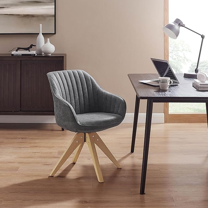 Art Leon Office Chair No Wheels Mid Century Modern Desk Chair Swivel Accent Chair with Oak Wood Legs Faux Leather Upholstered Armchair for Desk Gray