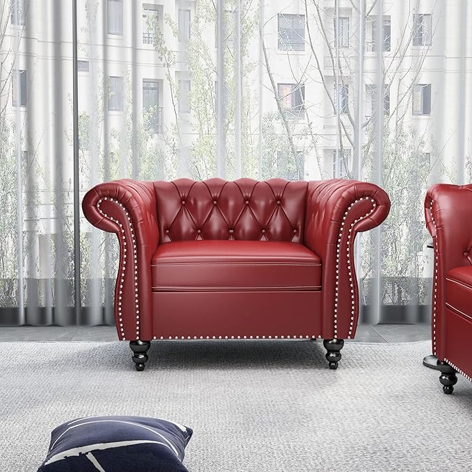 Chesterfield Chair Modern Leather Tufted Accent Sofa Couch Chair with Rolled Arms and Nailhead for Living Room Bedroom Office Apartment (Burgundy)