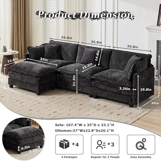 SoarFlash 113.78 Chenille Sectional Sofa Comfy L Shaped Modular Coush Sofa with Ottoman Modern 4 Seat Couch Deep Seat Sofa Set for Living RoomBlack