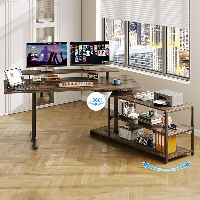 Standing Desk with File Cabinet 63x24'' L Shaped Electric Stand Up Desk with Adjustable Monitor Shelf Adjustable Height 28-46'' for Home and Computer Workstation Walnut