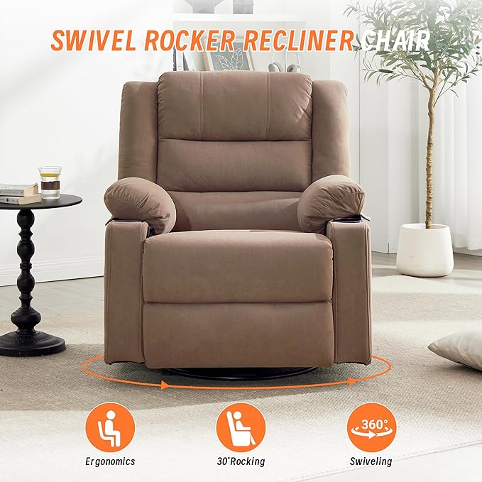 360°Swivel Rocker Recliner Chair for AdultsManual Glider Recliner Sofa with Massage and Heating Nursery Rocking Chairs with Cup Holds for Living Room Bedroom (Light Mocha)