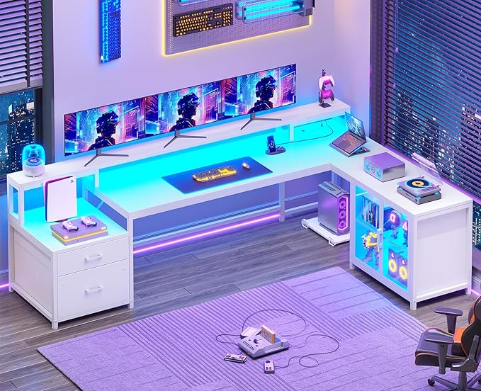 SEDETA 78.7” Large Gaming Computer Desk with Storage Drawers Reversible L Shaped Office Desk with Display Cabinet and Power Outlet Corner Gaming Desk with LED Lights for Home Office White