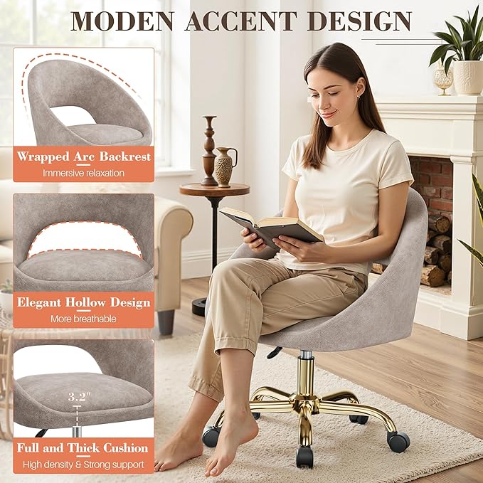 Vanity Chair with Wheels Waterproof Modern Makeup Vanity Chairs with Back Adjustable Height Comfy Cute Home Office Desk Chairs for Bedroom Living Room (Khaki)
