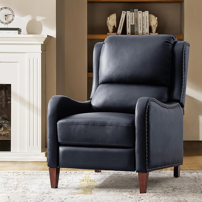 HULALA HOME Genuine Leather Recliner Chair Modern Push Back Recliner Armchair with Thick Seat Backrest &amp Footrest Nailhead Decor for Living Room Bedroom Navy