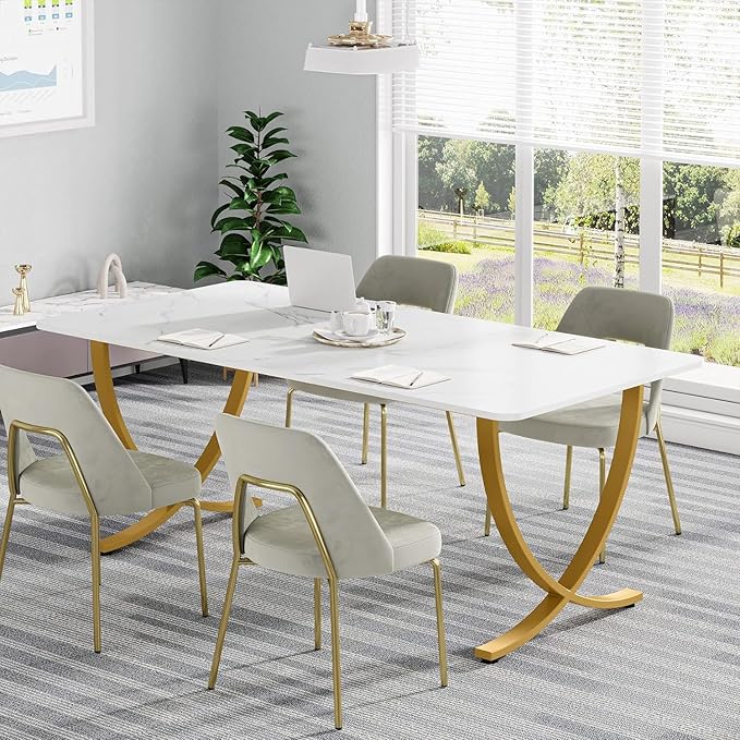 Tribesigns Executive Desk 63” W x 31.5” D Large Office Desk Modern Computer Desk Conference Table Meeting Room Table Business Furniture for Home Office White and Gold