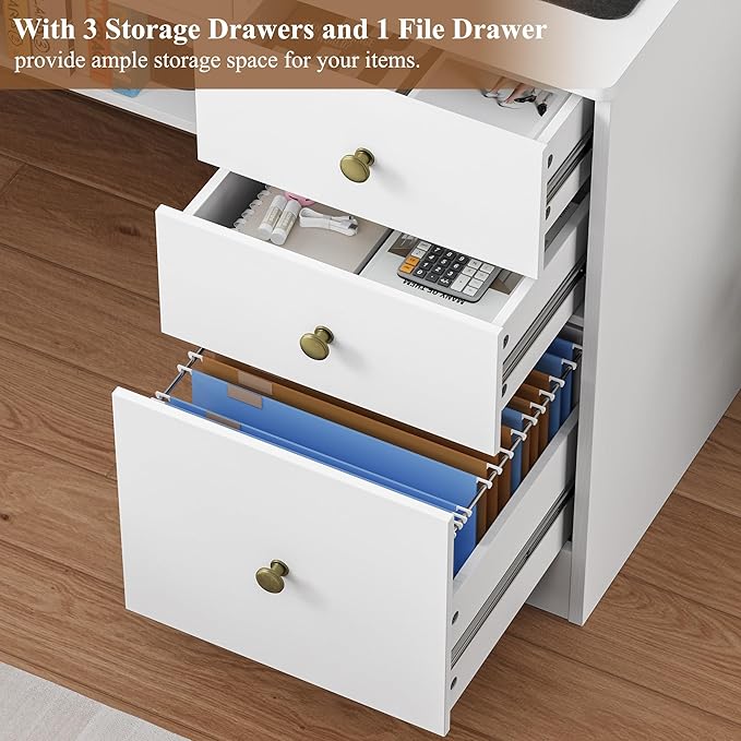 TTVIEW Computer Desk with Drawers and Hutch Shelf Wood Executive Desk Writing Study Table with 43” Wide Tabletop Small Desk with File Drawer for Home Office Bedroom White