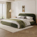 Merax King Size Teddy Fleece Thick Fabric Upholstered Platform Bed with Curved Shaped Headboard Wood Bed Frame with Solid Round Legs for Kids Teens Adults Olive Green