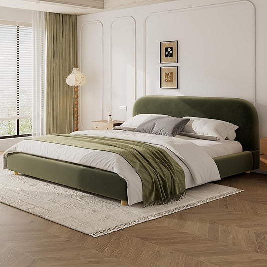 Merax King Size Teddy Fleece Thick Fabric Upholstered Platform Bed with Curved Shaped Headboard Wood Bed Frame with Solid Round Legs for Kids Teens Adults Olive Green